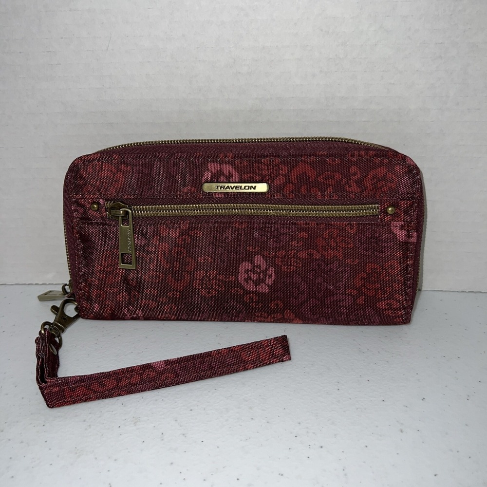 Travelon‎ Wallet Women Clutch MaroonFloral Nylon Zip Around Accordion Bifold